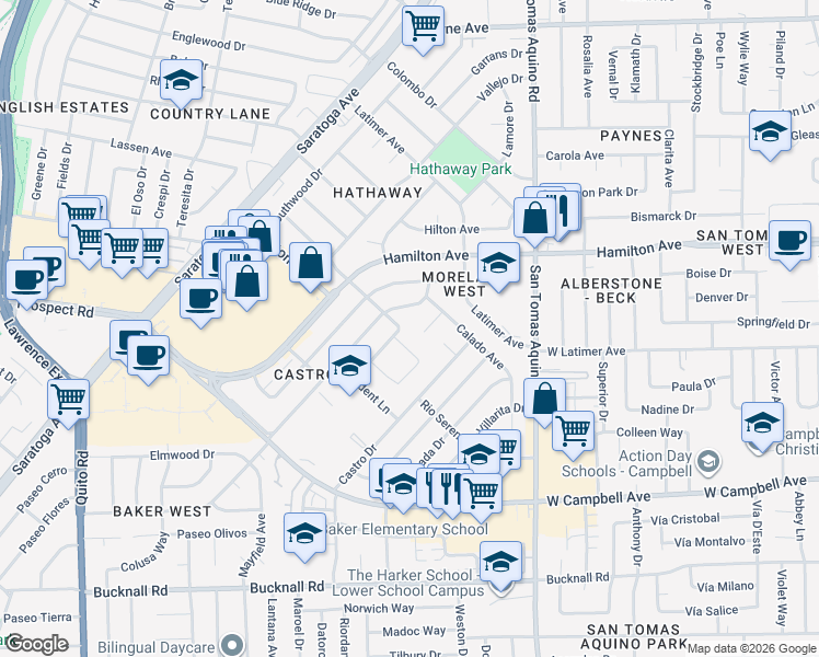 map of restaurants, bars, coffee shops, grocery stores, and more near 1696 Mossbrook Avenue in San Jose