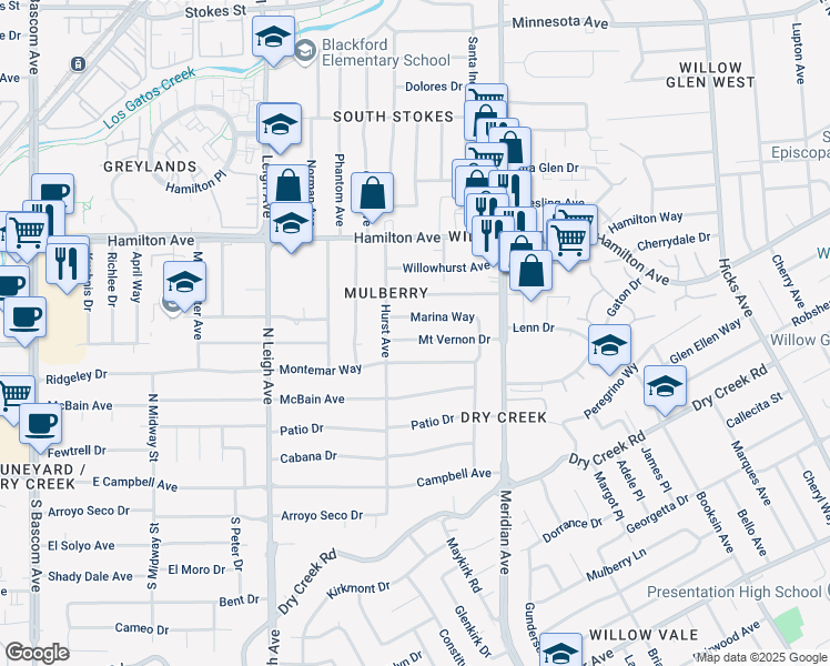 map of restaurants, bars, coffee shops, grocery stores, and more near 1751 Mount Vernon Drive in San Jose