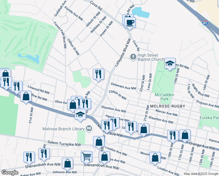 map of restaurants, bars, coffee shops, grocery stores, and more near 1211 Lafayette Boulevard Northwest in Roanoke