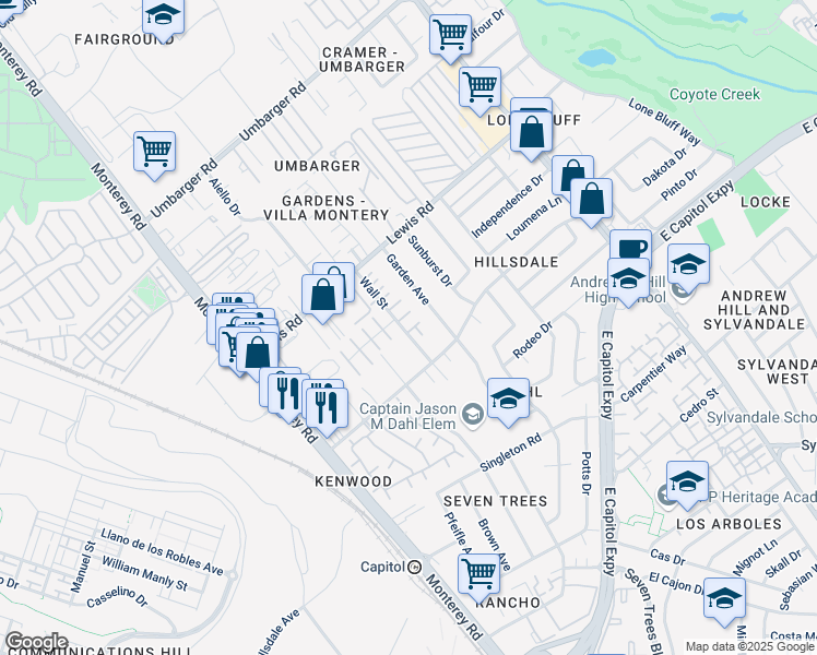map of restaurants, bars, coffee shops, grocery stores, and more near 261 Nuria Pl in San Jose