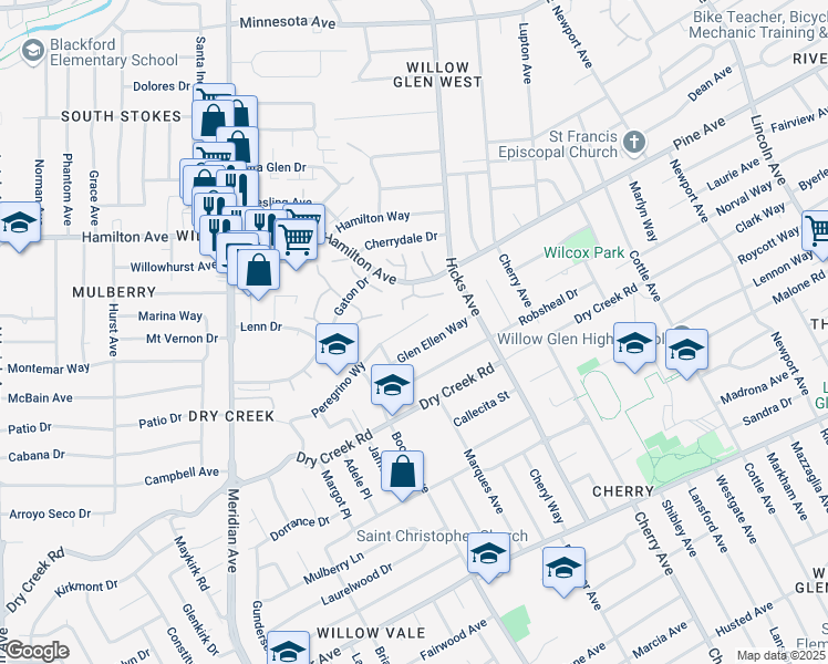 map of restaurants, bars, coffee shops, grocery stores, and more near 1544 Peregrino Way in San Jose