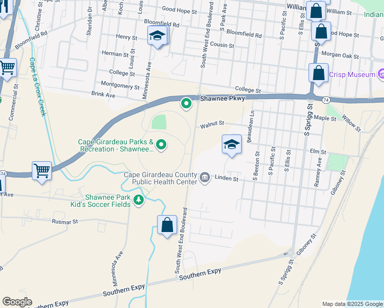 map of restaurants, bars, coffee shops, grocery stores, and more near 1124 South West End Boulevard in Cape Girardeau