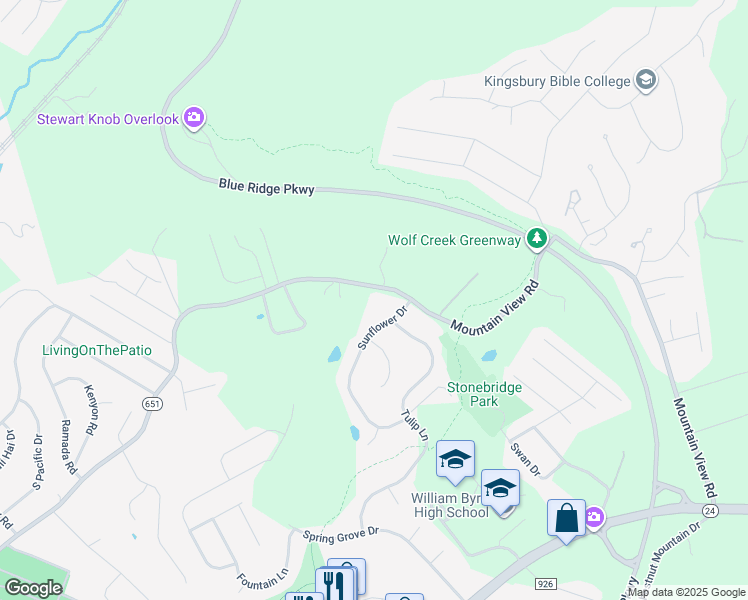 map of restaurants, bars, coffee shops, grocery stores, and more near 2001 Mountain View Road in Vinton