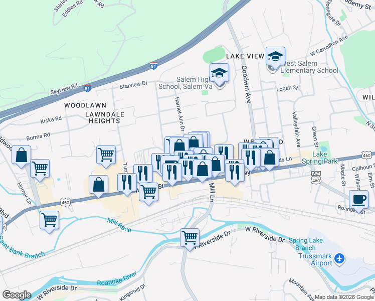 map of restaurants, bars, coffee shops, grocery stores, and more near 1436 Longview Ave in Salem