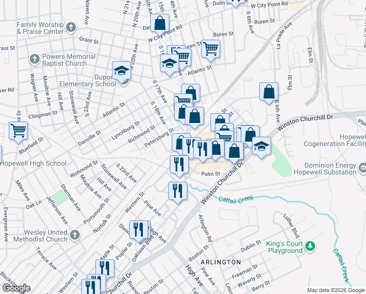map of restaurants, bars, coffee shops, grocery stores, and more near 610 South 15th Avenue in Hopewell