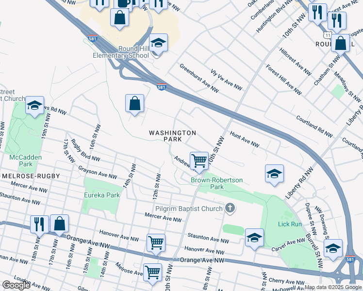 map of restaurants, bars, coffee shops, grocery stores, and more near 1104 Alview Avenue Northwest in Roanoke