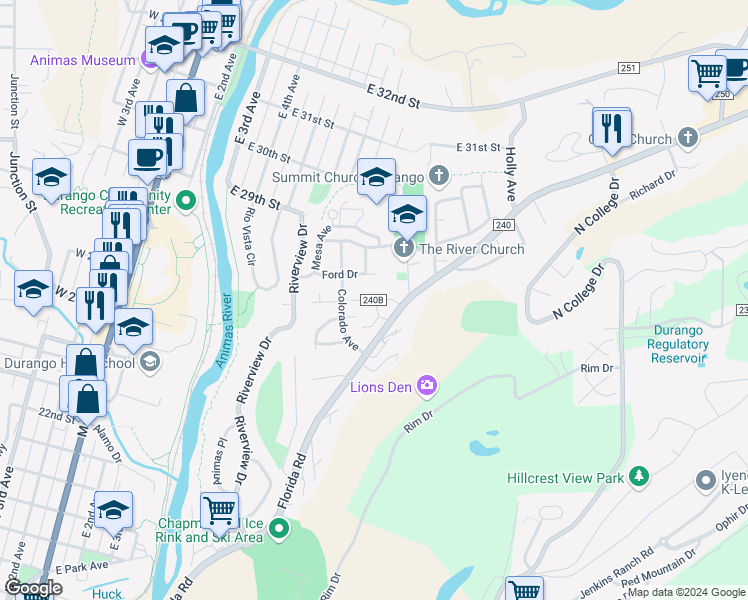 map of restaurants, bars, coffee shops, grocery stores, and more near County Road 240B in Durango