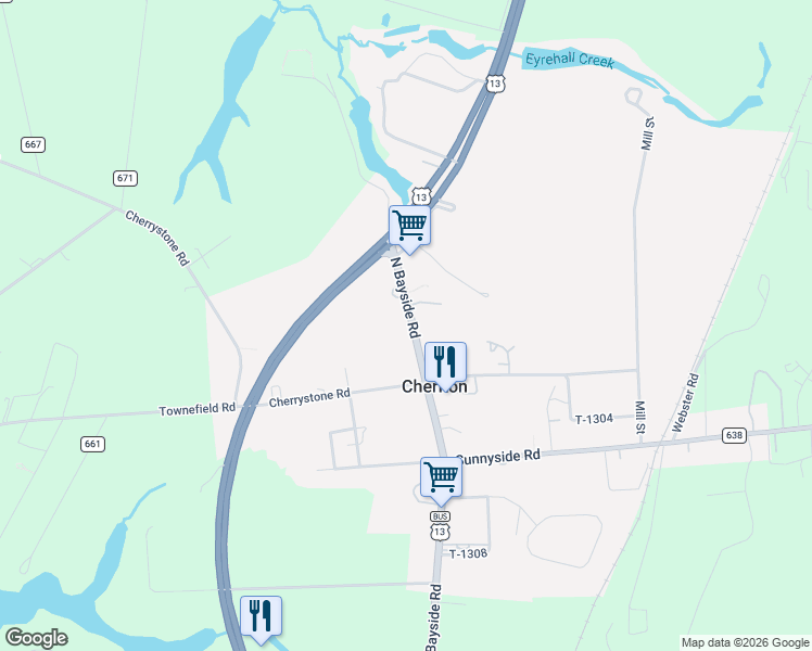 map of restaurants, bars, coffee shops, grocery stores, and more near 21139 North Bayside Road in Cape Charles