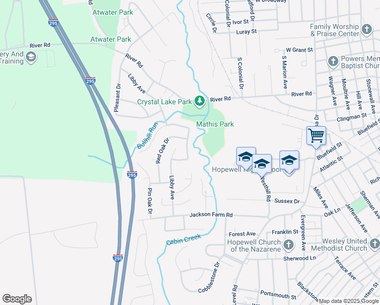 map of restaurants, bars, coffee shops, grocery stores, and more near 216 Bull Run Drive in Hopewell