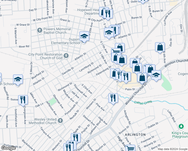 map of restaurants, bars, coffee shops, grocery stores, and more near 439 South 21st Avenue in Hopewell