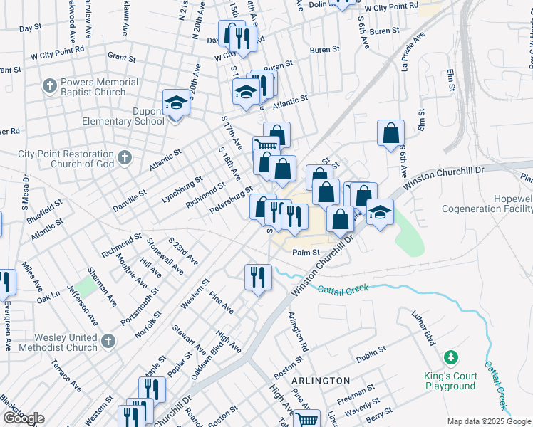 map of restaurants, bars, coffee shops, grocery stores, and more near 610 South 15th Avenue in Hopewell