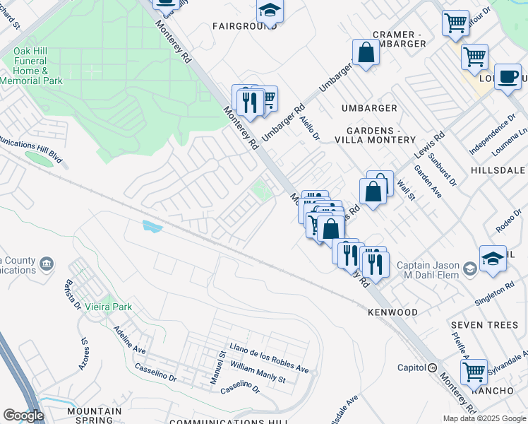 map of restaurants, bars, coffee shops, grocery stores, and more near 61 Montecito Vista Drive in San Jose