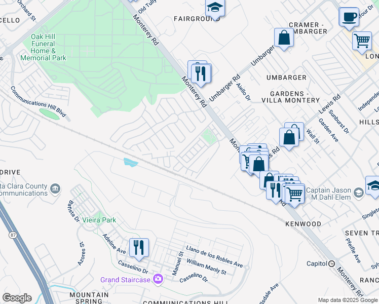 map of restaurants, bars, coffee shops, grocery stores, and more near 156 Esfahan Drive in San Jose