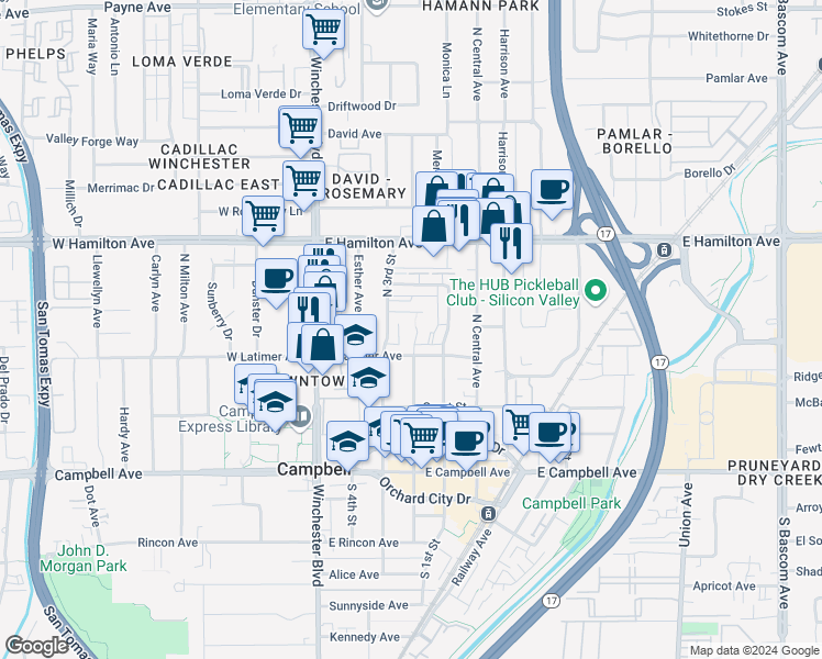 map of restaurants, bars, coffee shops, grocery stores, and more near 312 North 2nd Street in Campbell