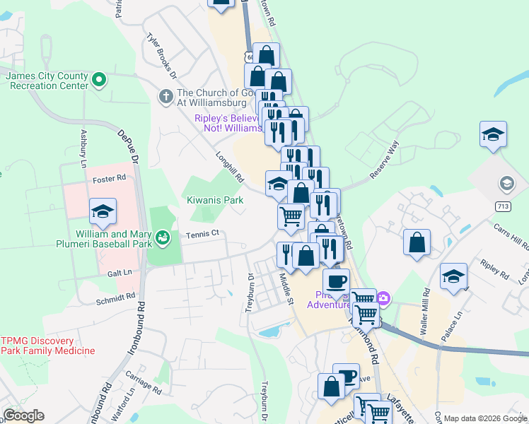 map of restaurants, bars, coffee shops, grocery stores, and more near 101 Longhill Road in Williamsburg