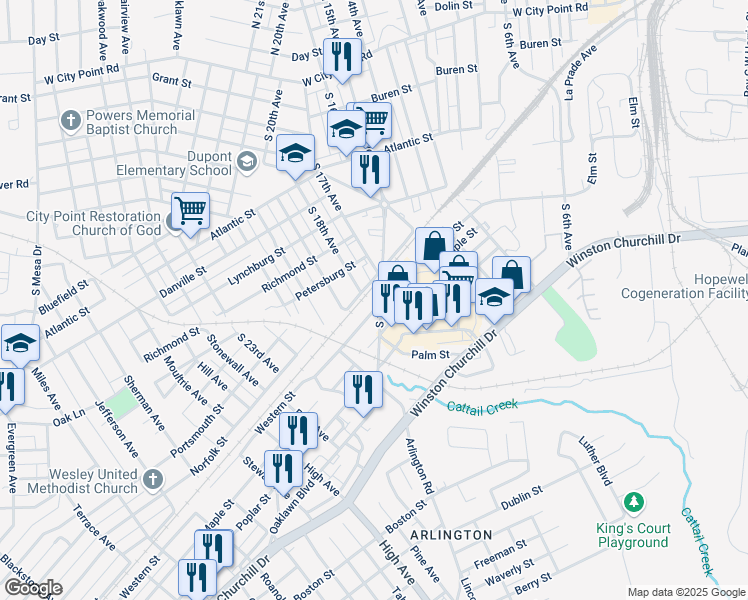 map of restaurants, bars, coffee shops, grocery stores, and more near 610 South 15th Avenue in Hopewell