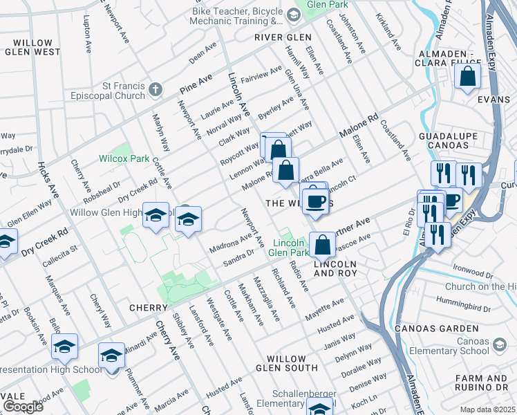 map of restaurants, bars, coffee shops, grocery stores, and more near 2101 Radio Avenue in San Jose