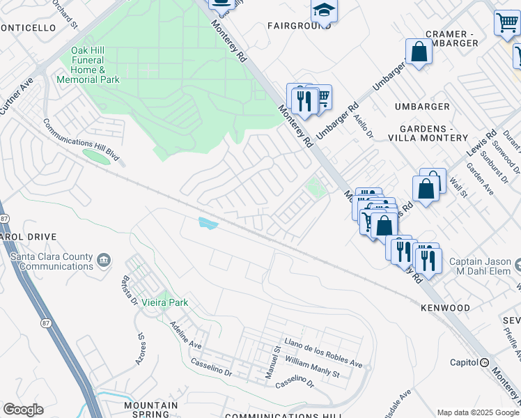 map of restaurants, bars, coffee shops, grocery stores, and more near 253 Esfahan Court in San Jose