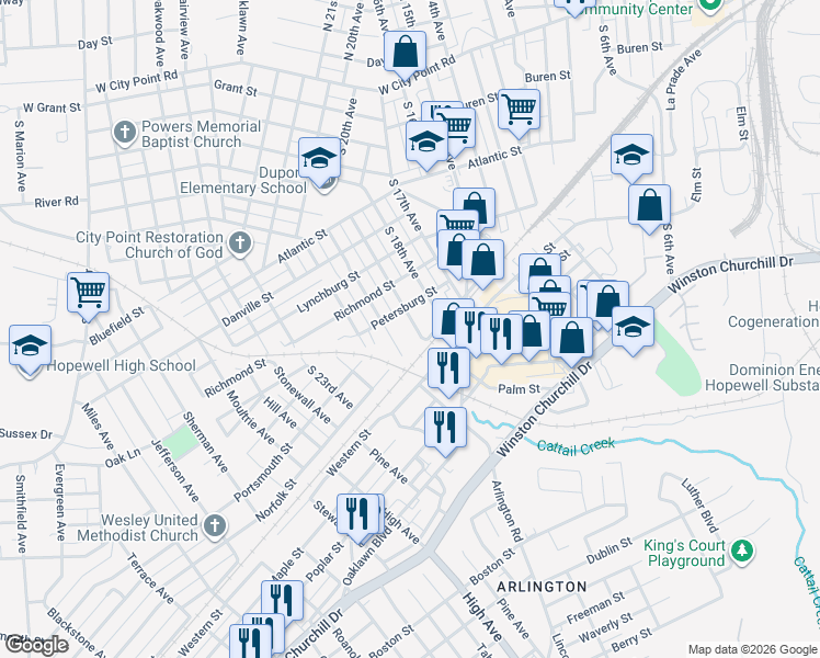 map of restaurants, bars, coffee shops, grocery stores, and more near 508 South 19th Avenue in Hopewell