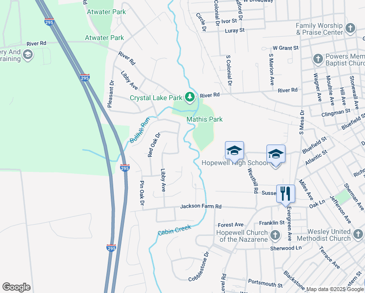 map of restaurants, bars, coffee shops, grocery stores, and more near 216 Bull Run Drive in Hopewell