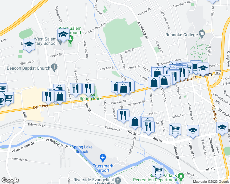 map of restaurants, bars, coffee shops, grocery stores, and more near 601 West Main Street in Salem
