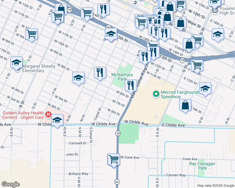 map of restaurants, bars, coffee shops, grocery stores, and more near 408 West 8th Street in Merced