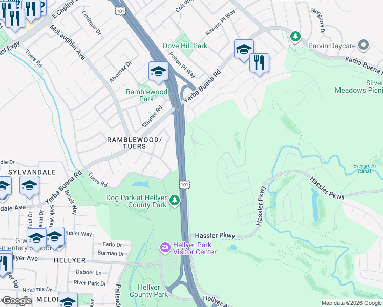 map of restaurants, bars, coffee shops, grocery stores, and more near 3814 Dove Hill Road in San Jose