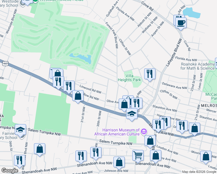 map of restaurants, bars, coffee shops, grocery stores, and more near 1045 Palmetto Street Northwest in Roanoke