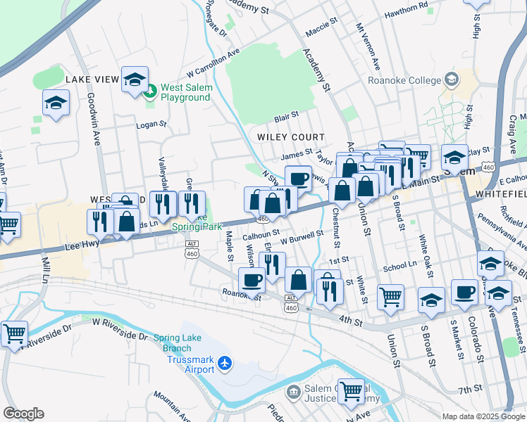 map of restaurants, bars, coffee shops, grocery stores, and more near 503 West Main Street in Salem