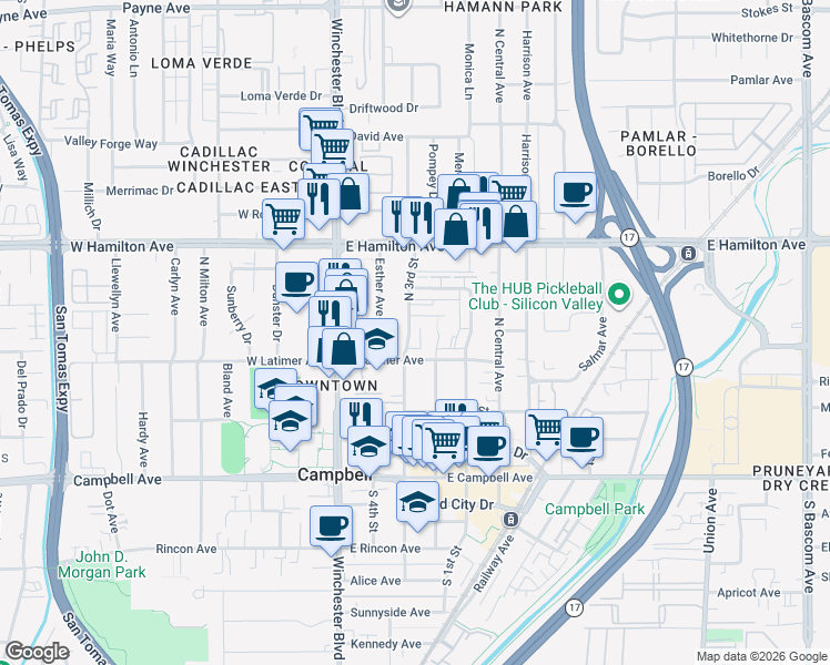 map of restaurants, bars, coffee shops, grocery stores, and more near 314 North 3rd Street in Campbell