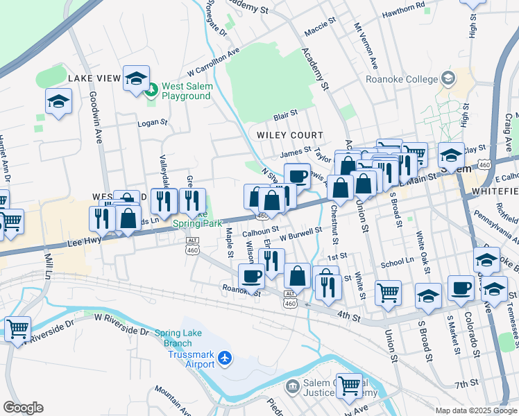 map of restaurants, bars, coffee shops, grocery stores, and more near 503 West Main Street in Salem