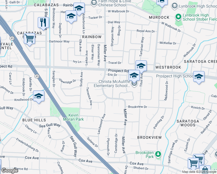map of restaurants, bars, coffee shops, grocery stores, and more near 19557 Arden Ct in Saratoga