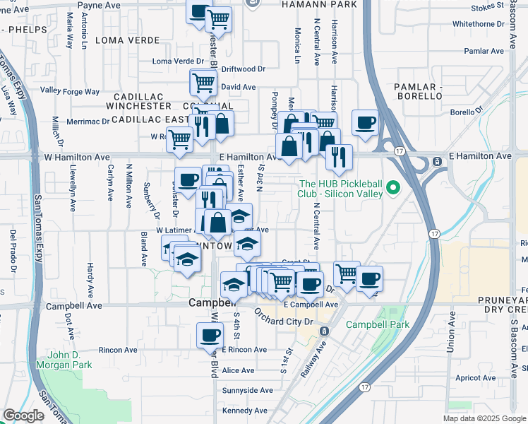 map of restaurants, bars, coffee shops, grocery stores, and more near 314 North 3rd Street in Campbell