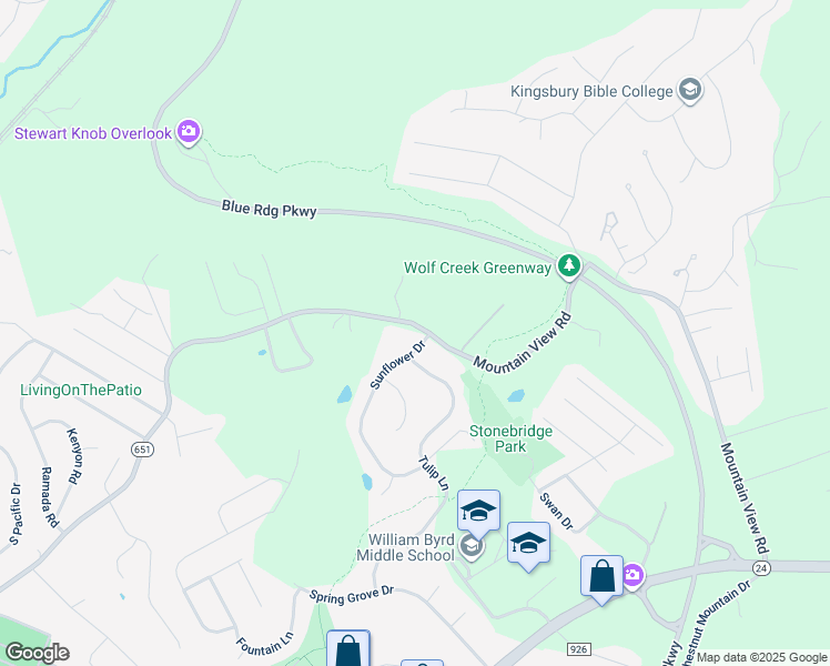 map of restaurants, bars, coffee shops, grocery stores, and more near 496 Sunflower Dr in Vinton
