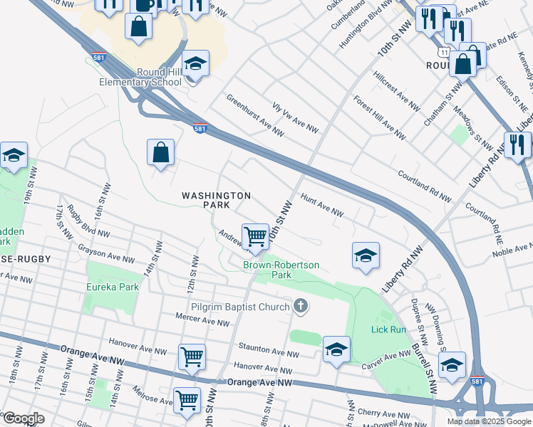 map of restaurants, bars, coffee shops, grocery stores, and more near 1022 Rockland Avenue Northwest in Roanoke