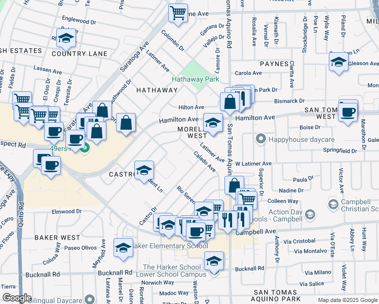 map of restaurants, bars, coffee shops, grocery stores, and more near 439 Calado Avenue in Campbell
