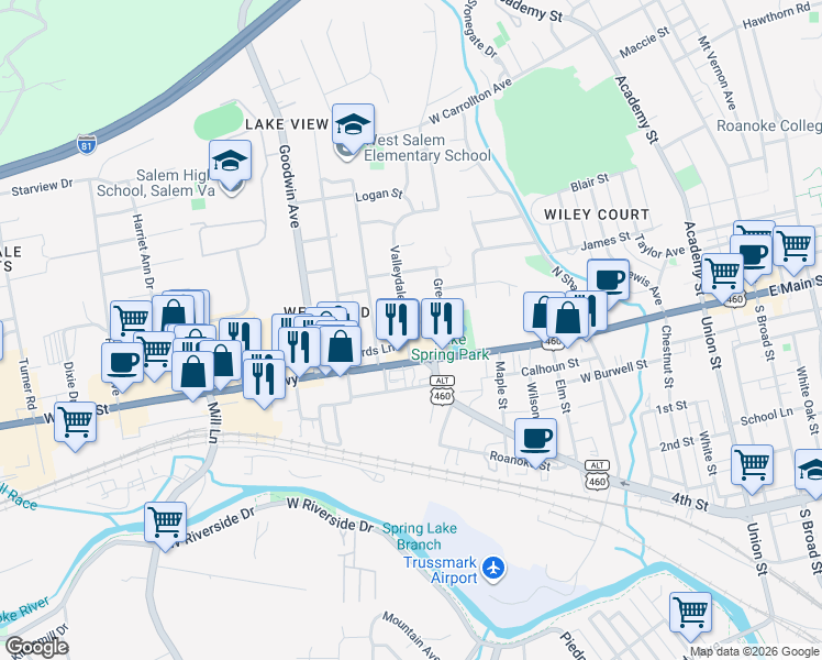 map of restaurants, bars, coffee shops, grocery stores, and more near 35 Valleydale Avenue in Salem