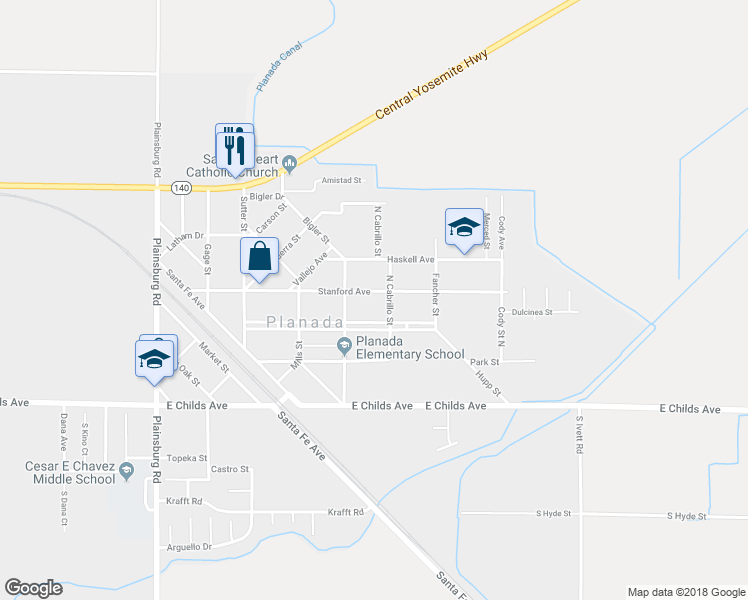map of restaurants, bars, coffee shops, grocery stores, and more near 9541 Stanford Avenue in Planada