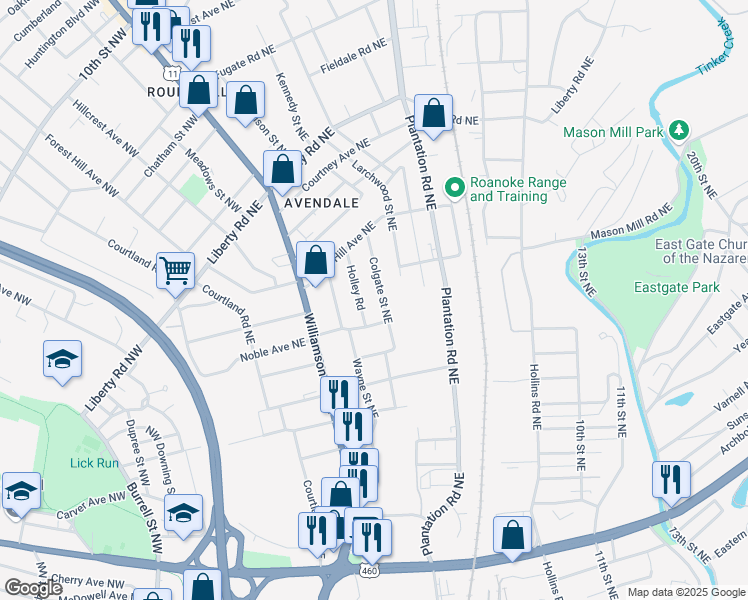 map of restaurants, bars, coffee shops, grocery stores, and more near 2022 Colgate Street Northeast in Roanoke