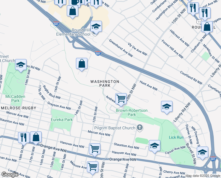 map of restaurants, bars, coffee shops, grocery stores, and more near 1104 Alview Avenue Northwest in Roanoke