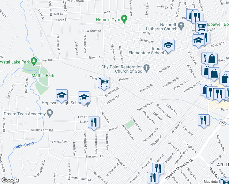 map of restaurants, bars, coffee shops, grocery stores, and more near 2800 Bluefield Street in Hopewell
