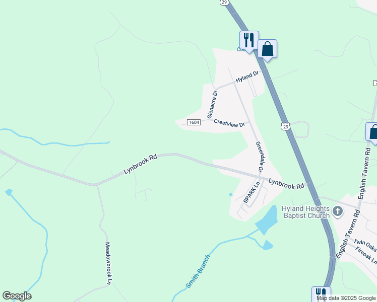 map of restaurants, bars, coffee shops, grocery stores, and more near Lynbrook Road in Rustburg