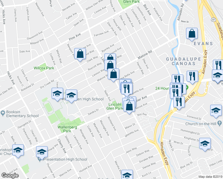 map of restaurants, bars, coffee shops, grocery stores, and more near 1121 Lincoln Court in San Jose