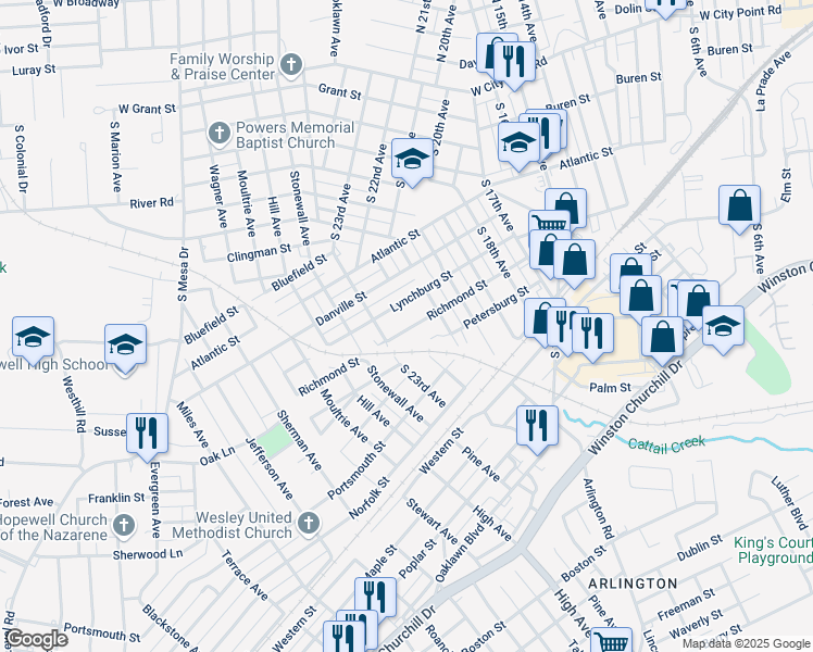 map of restaurants, bars, coffee shops, grocery stores, and more near 2201 Richmond Street in Hopewell