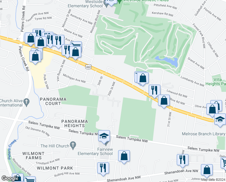 map of restaurants, bars, coffee shops, grocery stores, and more near 1005 35th Street Northwest in Roanoke