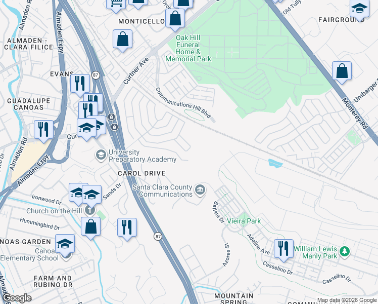 map of restaurants, bars, coffee shops, grocery stores, and more near 326 Mill Pond Drive in San Jose