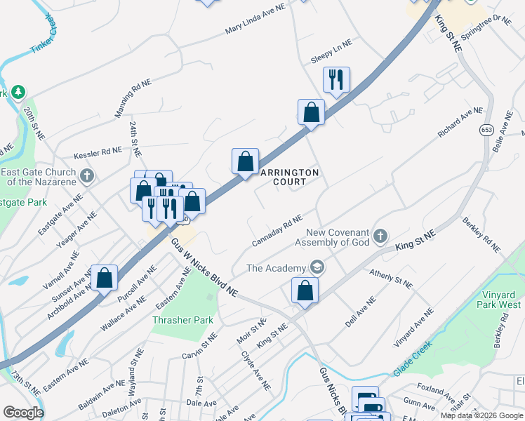 map of restaurants, bars, coffee shops, grocery stores, and more near 2606 Cannaday Road Northeast in Roanoke
