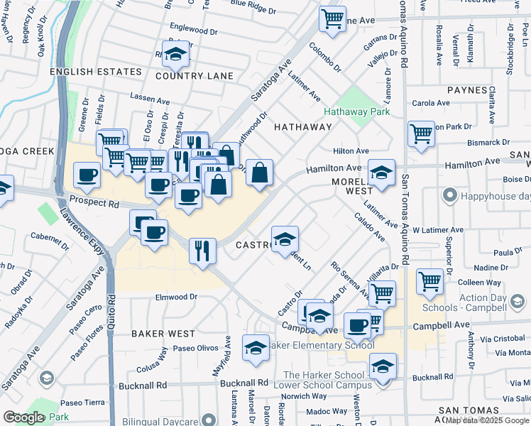 map of restaurants, bars, coffee shops, grocery stores, and more near 4734 Hamilton Avenue in San Jose