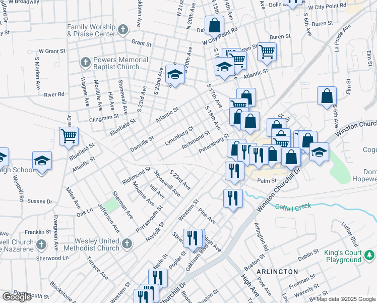 map of restaurants, bars, coffee shops, grocery stores, and more near 2110 Richmond Street in Hopewell