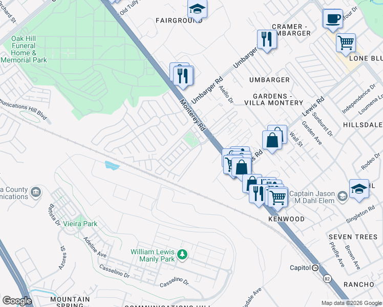 map of restaurants, bars, coffee shops, grocery stores, and more near 80 Montecito Vista Drive in San Jose